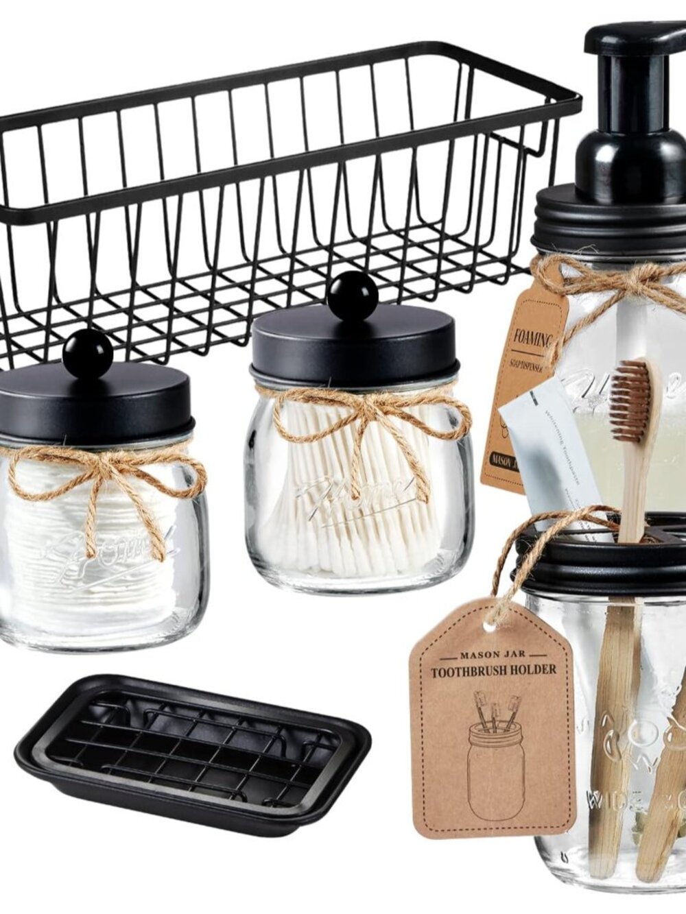 Glass Mason Jar Bathroom Accessories Set, 6Pcs Farmhouse Decor